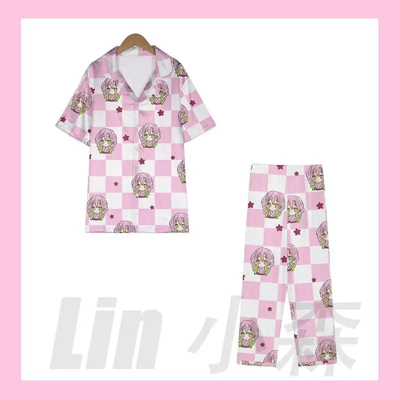 Anime Cosplay Homewear Demon Slayer Agatsuma Zenitsu Cute Pajama Set Demon Girl Pink Pattern Nightwear Loungewear Holiday Gift