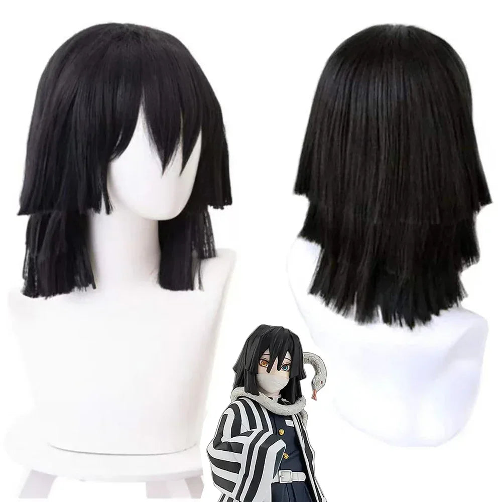 High-Quality Anime Kanroji Mitsuri Iguro Obanai Cosplay Synthetic Wig With Three Braids And Black Layered Heat-Resistant Wig
