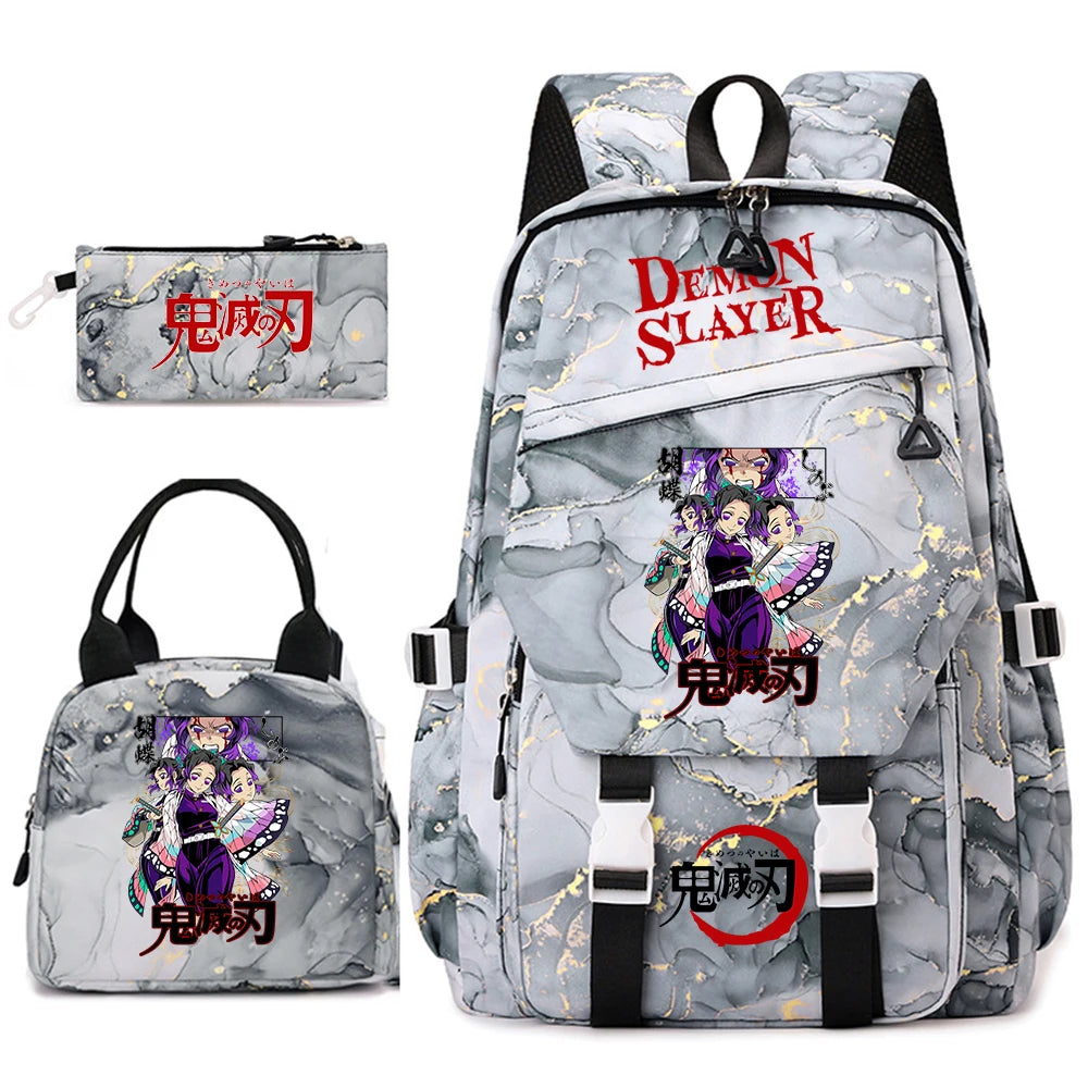 Demon Slayer Anime Backpack Set for Girls Demon Slayer 3Pcs School Bag Lunch Kit Pouch