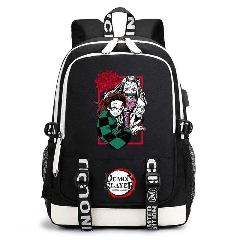 Demon Slayer Anime Print Student Backpack USB Charging Port Lightweight School Bag for Boys Girls