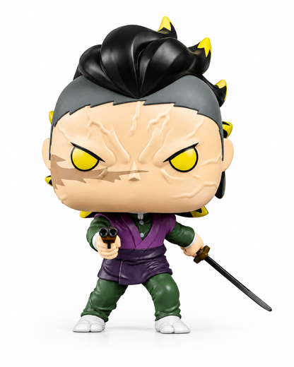 Figurine Funko Pop de Genya Shinazugawa en vinyle, uniforme sombre et cheveux dressés