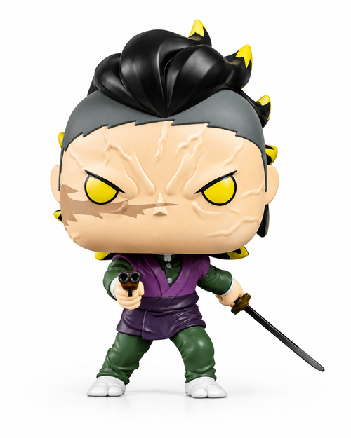 Figurine Funko Pop de Genya Shinazugawa en vinyle, uniforme sombre et cheveux dressés