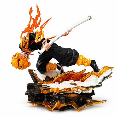 Statue de Zenitsu Agatsuma de 28 cm en plein appui, éclairs orange et plancher éclaté sous ses pieds