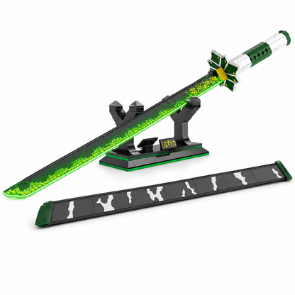 Katana à assembler aux couleurs de Sanemi, lame verte pâle et poignée sombre, posé sur son support