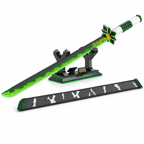 Katana à assembler aux couleurs de Sanemi, lame verte pâle et poignée sombre, posé sur son support