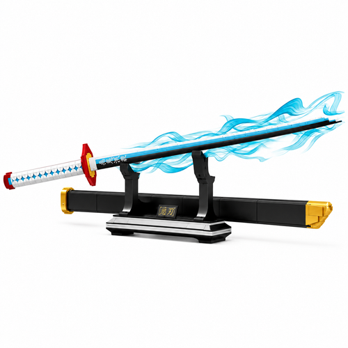 Katana à assembler aux couleurs de Giyu Tomioka, lame bleue et fourreau sombre sur support noir