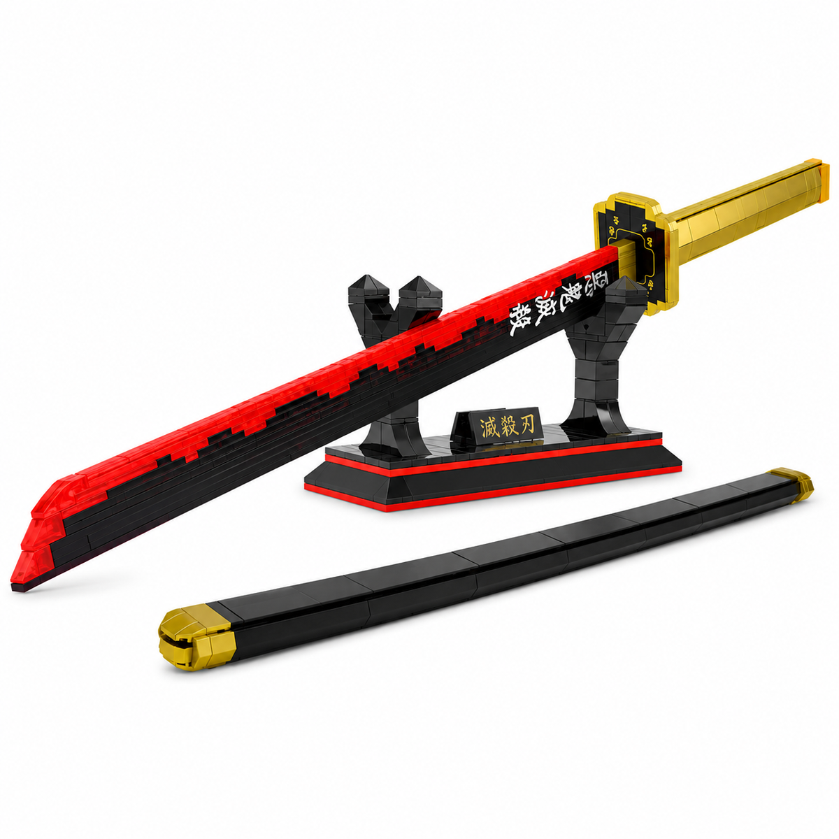 Katana à assembler aux couleurs de Yoriichi Tsugikuni, lame rouge et fourreau sombre sur support