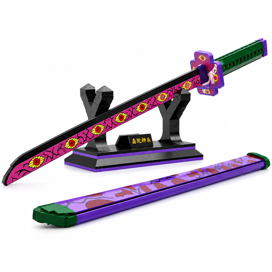 Katana à assembler aux couleurs de Kokushibo, lame rose à motifs, fourreau violet et support noir