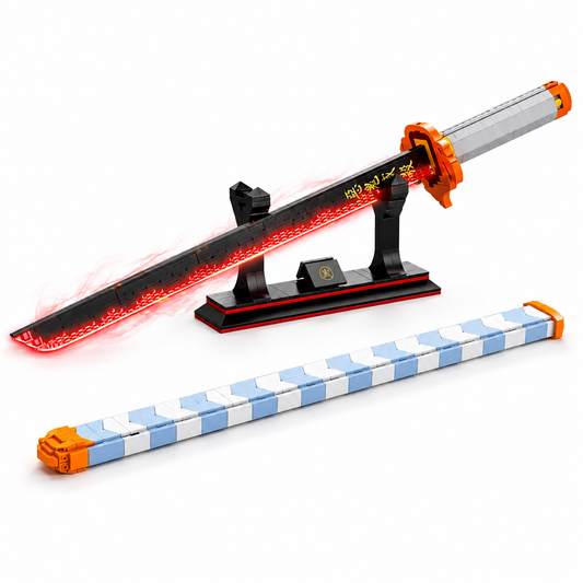 Katana à assembler aux couleurs de Rengoku, lame claire et fourreau rouge, posé sur son support
