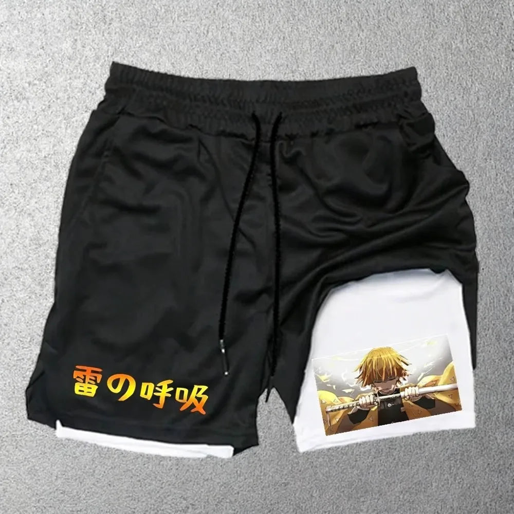 Unisex Demon Slayer Hashibira Inosuke 2026 Summer Shinjuku Anime Printed Loose Trendy Quick Drying Double Layer Sports Shorts