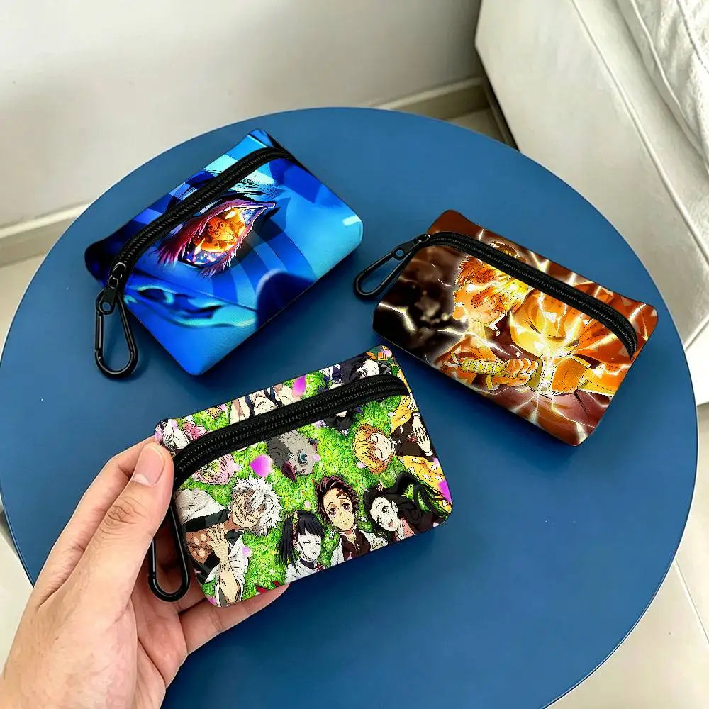 Anime D-DemonS Slayer Mini Oxford Cloth Coin Purse With Carabiner Hook Portable Key Card Wallet Small Zipper Storage Pouch