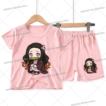 Demon Slayer Girl Pajamas Set Kamado Nezuko Kochou Shinobu Toddler Sleepwear 2pcs Cartoon Summer Home Tops Shorts Kids Pyjamas