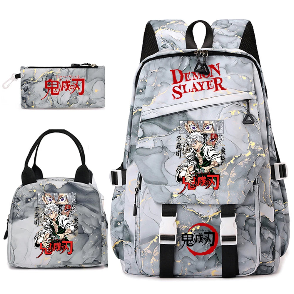Demon Slayer Anime Backpack Set for Girls Demon Slayer 3Pcs School Bag Lunch Kit Pouch