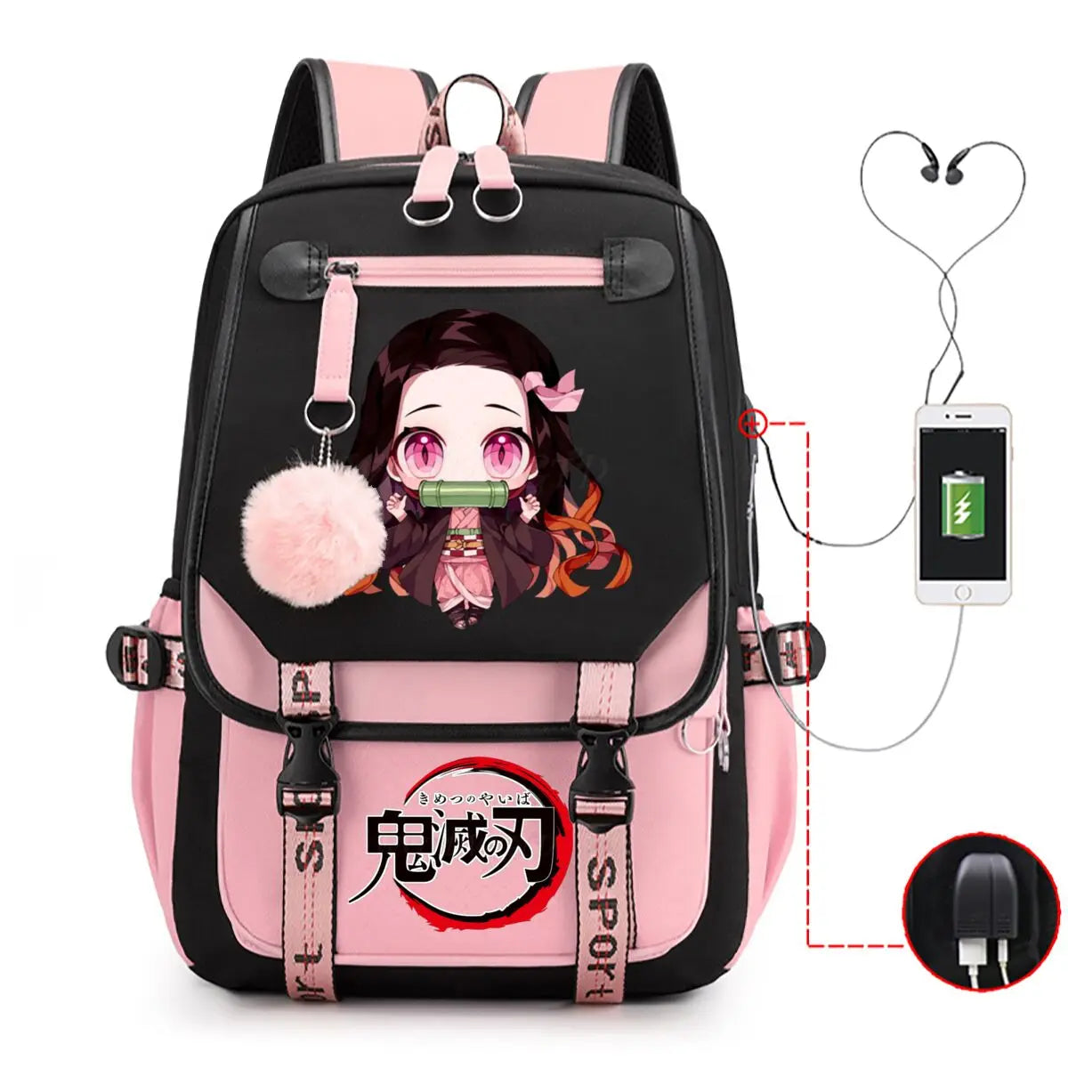 Anime Kamado Nezuko Print Backpacks Women Girls USB Charging Bags Large Capacity Children Teeneger Schoolbags Travel Bagpacks