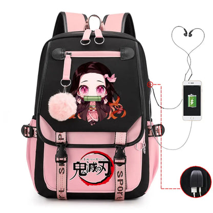 Anime Kamado Nezuko Print Backpacks Women Girls USB Charging Bags Large Capacity Children Teeneger Schoolbags Travel Bagpacks
