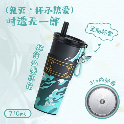 Anime Demon Slayer Vacuum Cup 24 Oz Tomioka Giyū 316 Stainless Steel High Capacity Car Coffee Cup Straw Thermos Cup Gift