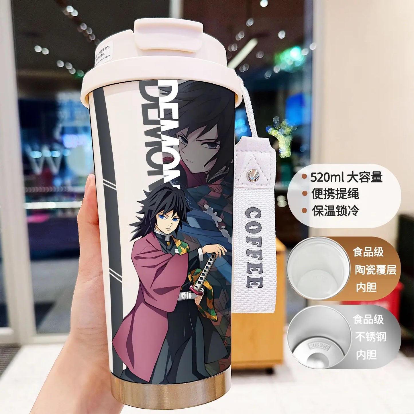 Demon Slayer Kochou Shinobu Water Cup Agatsuma Zenitsu Tomioka Giyuu Straw Thermos Cup Anime Stainless Coffee Mug Motion Bottle