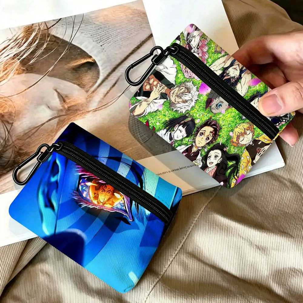 Anime D-DemonS Slayer Mini Oxford Cloth Coin Purse With Carabiner Hook Portable Key Card Wallet Small Zipper Storage Pouch