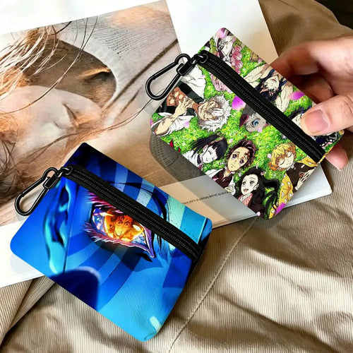 Anime D-DemonS Slayer Mini Oxford Cloth Coin Purse With Carabiner Hook Portable Key Card Wallet Small Zipper Storage Pouch