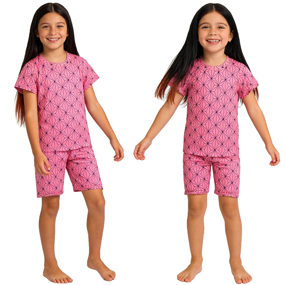 Kids Boys Girls Japanese Anime Style 2 Piece Pajama Set Short Sleeve Geometric Print Sleepwear Tanjiro Nezuko Zenitsu Loungewear