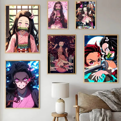 Demon Slayer Nezuko Kamado Cartoon Poster HD Art Sticky Wall Waterproof Home Living Room Bedroom Bar Aesthetic Decoration
