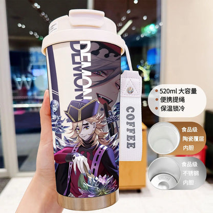 Demon Slayer Kochou Shinobu Water Cup Agatsuma Zenitsu Tomioka Giyuu Straw Thermos Cup Anime Stainless Coffee Mug Motion Bottle