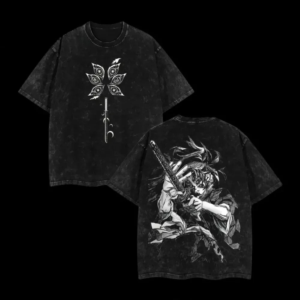 Japanese Anime Demon Slayer Kokushibo Graphic Washes T-shirts Men's Women's Pure Clothing Harajuku Y2K Streetwear Cotton Tops