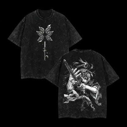 Japanese Anime Demon Slayer Kokushibo Graphic Washes T-shirts Men's Women's Pure Clothing Harajuku Y2K Streetwear Cotton Tops
