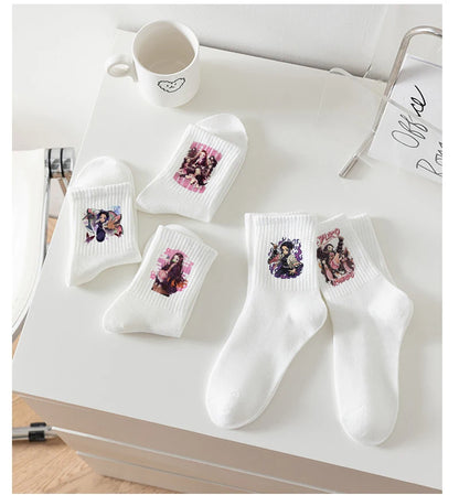 5pairs Demon Slayers Socks for Adult Cartoon Chopper Student Cotton White Long Short Boat Socks Printed Knitted Socks Fashion