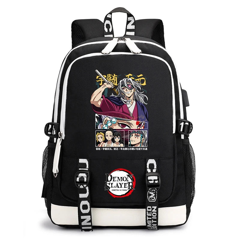 Demon Slayer Anime Print Student Backpack USB Charging Port Lightweight School Bag for Boys Girls