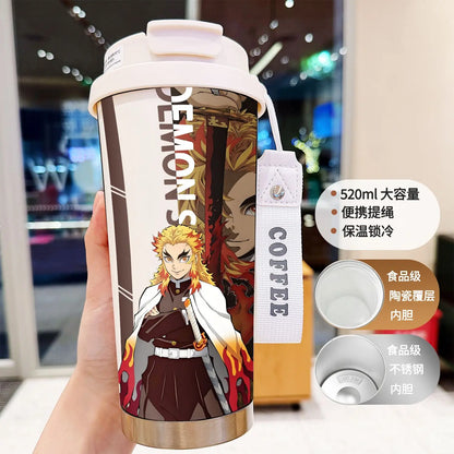 Demon Slayer Kochou Shinobu Water Cup Agatsuma Zenitsu Tomioka Giyuu Straw Thermos Cup Anime Stainless Coffee Mug Motion Bottle