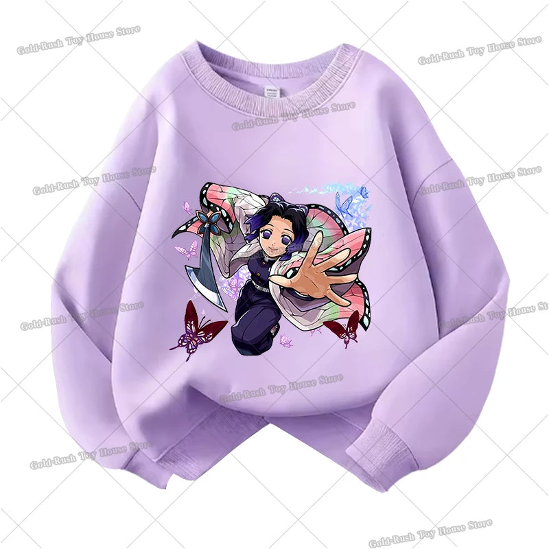 Demon Slayer Children Sweatshirt Kamado Nezuko Kochou Shinobu Autumn Sportswear for Girl Anime Tracksuit Cartoon Kids Pullovers