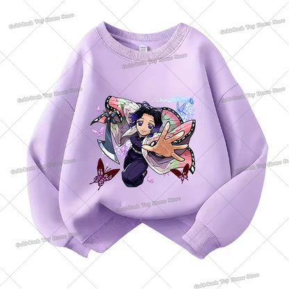 Demon Slayer Children Sweatshirt Kamado Nezuko Kochou Shinobu Autumn Sportswear for Girl Anime Tracksuit Cartoon Kids Pullovers