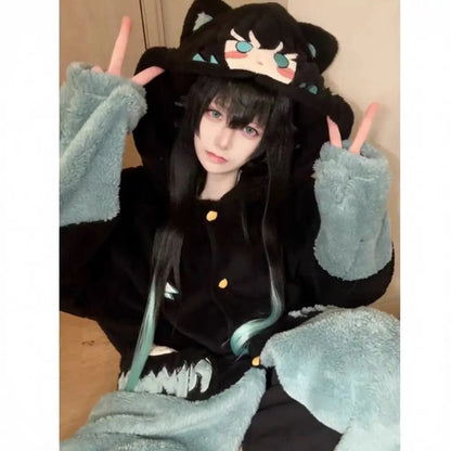 Y2K New Tokitou Muichiro Winter Pajama Anime Peripherals Demon Slayer Soft Plush Jumpsuit Kawaii Cosplay Nightwear Girls Gift