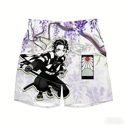 Demon Slayer Wisteria Shorts for Adults and Children, 3D Printed Beach Shorts of The Swordsman Under The Wisteria
