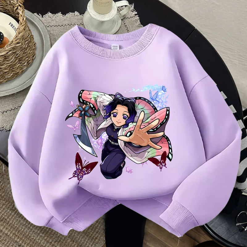 Demon Slayer Children Sweatshirt Kamado Nezuko Kochou Shinobu Autumn Sportswear for Girl Anime Tracksuit Cartoon Kids Pullovers