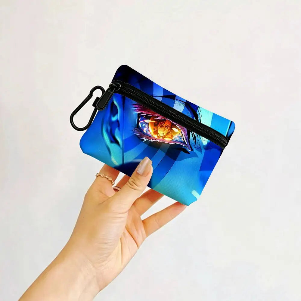 Anime D-DemonS Slayer Mini Oxford Cloth Coin Purse With Carabiner Hook Portable Key Card Wallet Small Zipper Storage Pouch