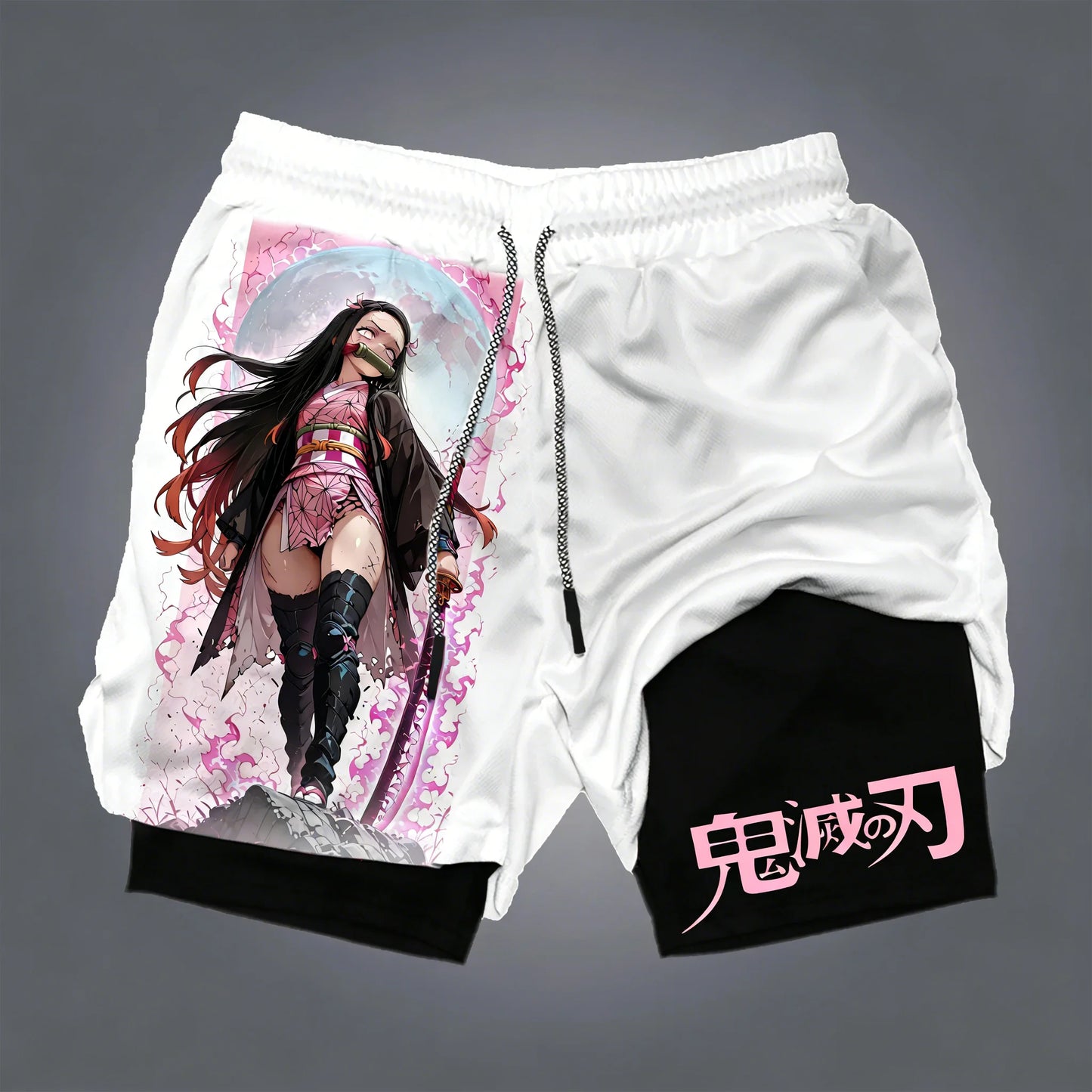 Demon Slayer Men's Summer Double Layer Shorts New Nezuko Anime Printed Gym Quick Drying Breathable 2-in-1 Sports Shorts