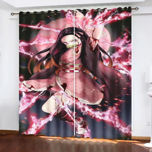 Rideaux Nezuko, flammes roses