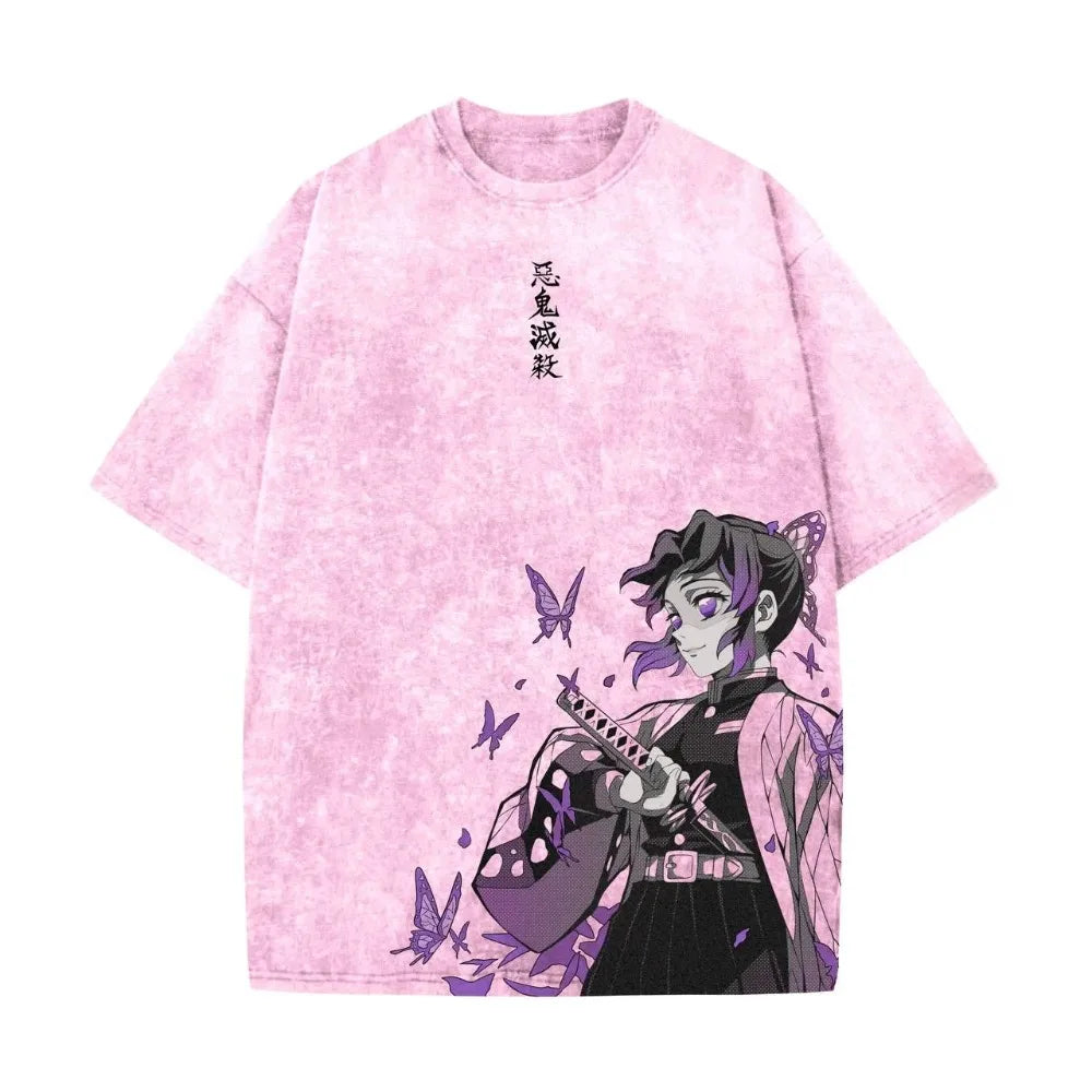 Demon Slayer Men's and Women's Washed T-Shirt Shinobu Kocho Summer Spring Anime Tee Retro Distressed High Quality Short Sleeve
