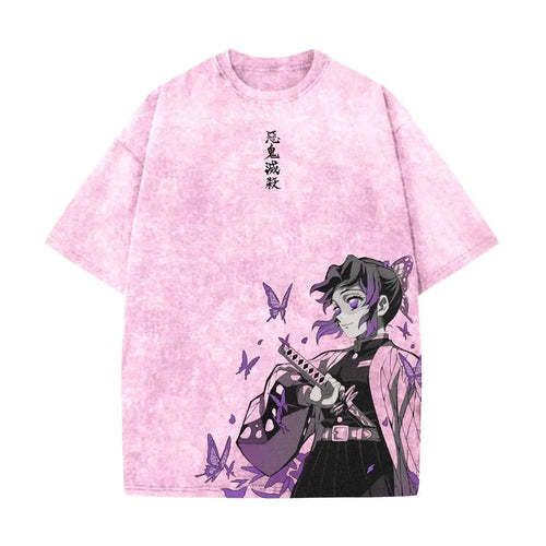 Demon Slayer Men's and Women's Washed T-Shirt Shinobu Kocho Summer Spring Anime Tee Retro Distressed High Quality Short Sleeve