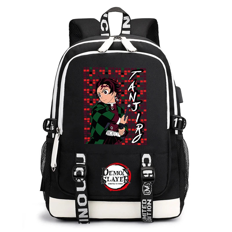 Demon Slayer Anime Print Student Backpack USB Charging Port Lightweight School Bag for Boys Girls