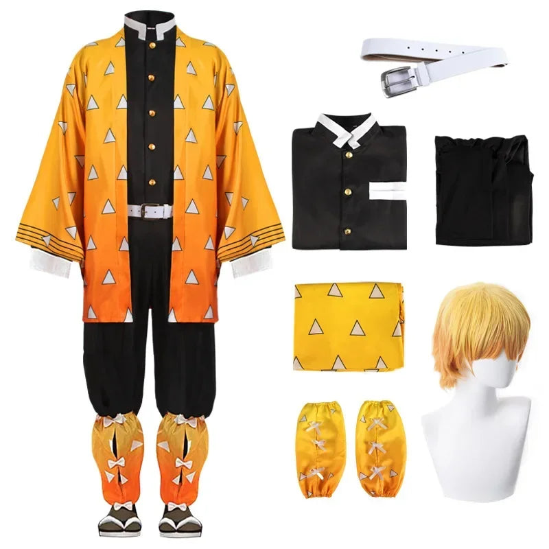 Anime Demon Moordenaar Kimetsu No Yaiba Agatsuma Zenitsu Cosplay  tuum Pruik Vrouwen Kimono Uniform Halloween Kerstfeest Kleding