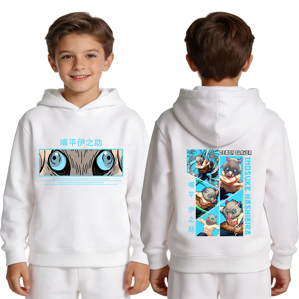 Demon Slayer Kimetsu no Yaiba Kids Hoodie Inosuke Hashibira Anime Print Boys Casual Sports Pullover Sweatshirt