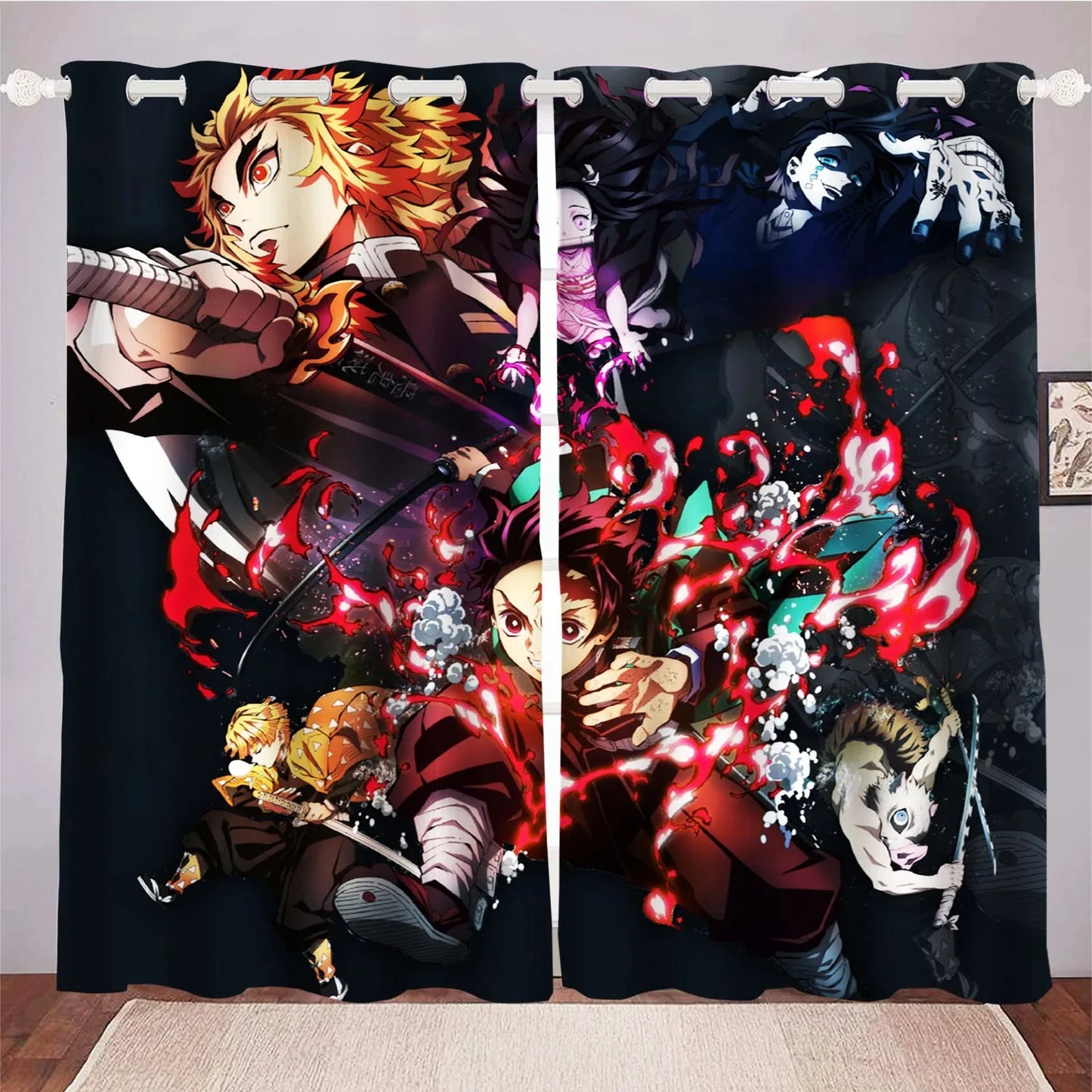 Cartoon D-Demon Slayer curtains for living room and bedroom decoration, high blackout curtains 2pcs, gift for boys and girls.