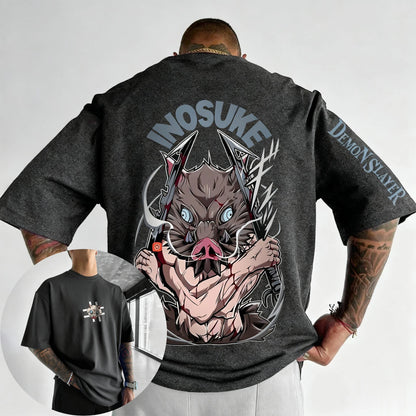 Demon Slayer Anime Hashibira Inosuke Printed T-shirt 2026 Men's and Women's Summer New Harajuku Loose Casual Parent Child Top