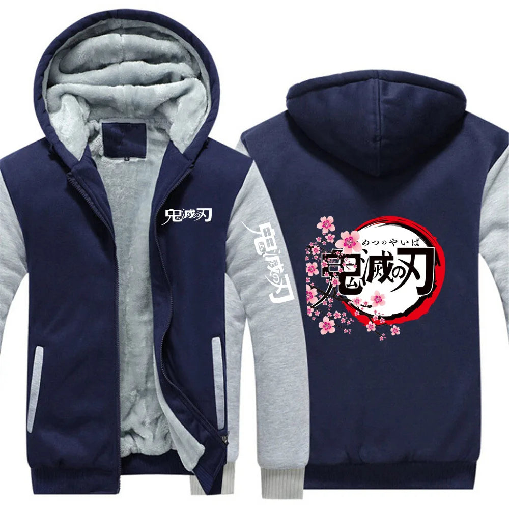 Anime Demon Slayer 2025 New Men Zip Up Hoodies Casual Fleece Sweatshirt Half Dome Full Zip Hooded Thicken Warm Coat Jacket