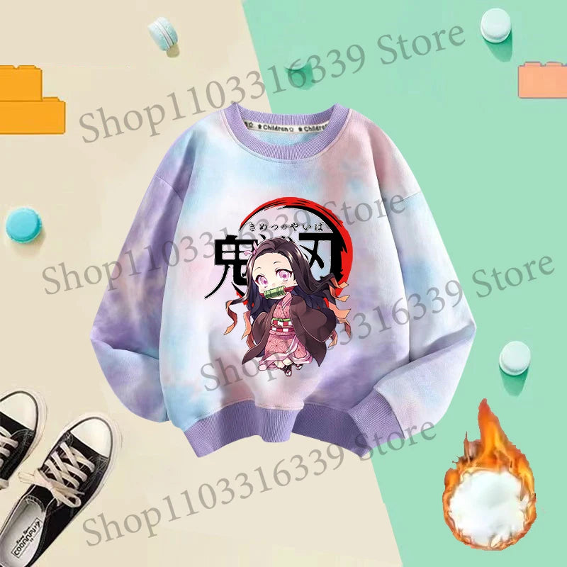 Demon Slayer Children Tie-dyed Sweatshirts Giyu Tomioka Nezuko Boy Girl Hoodie Anime Cute Pullover Fashion Tops Autumn Clothing