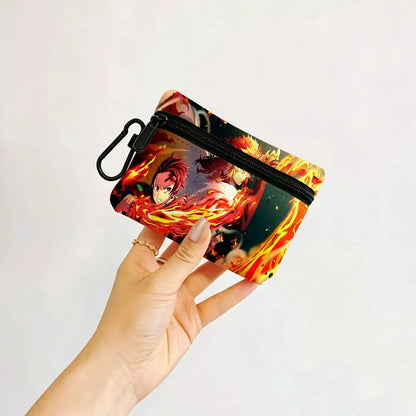 Anime D-DemonS Slayer Mini Oxford Cloth Coin Purse With Carabiner Hook Portable Key Card Wallet Small Zipper Storage Pouch