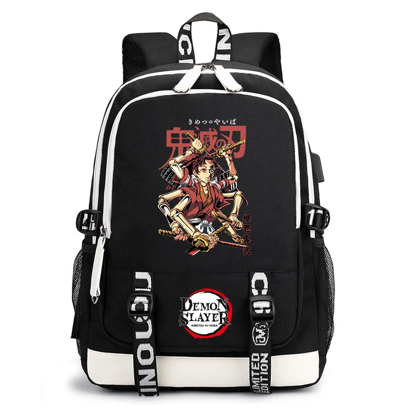 Demon Slayer Anime Print Student Backpack USB Charging Port Lightweight School Bag for Boys Girls